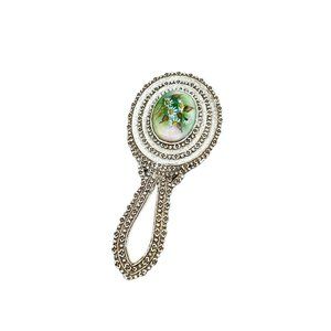 Vintage Florenza Small Hand Mirror with Flowers Daisy Cabochon Off White Enamel